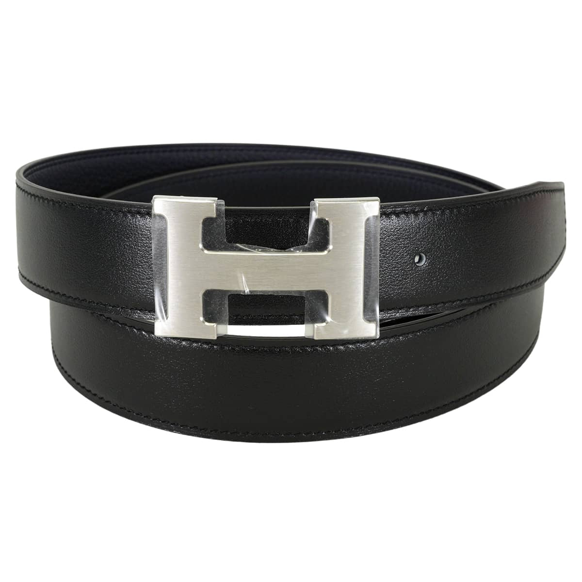 HERMES belt H Belt Constance 32 Reversible Blue Indigo/Noir (Black) Veau Togo/Box Calf #95 Mat Silver HW Stamp W[BRAND NEW][Authentic]