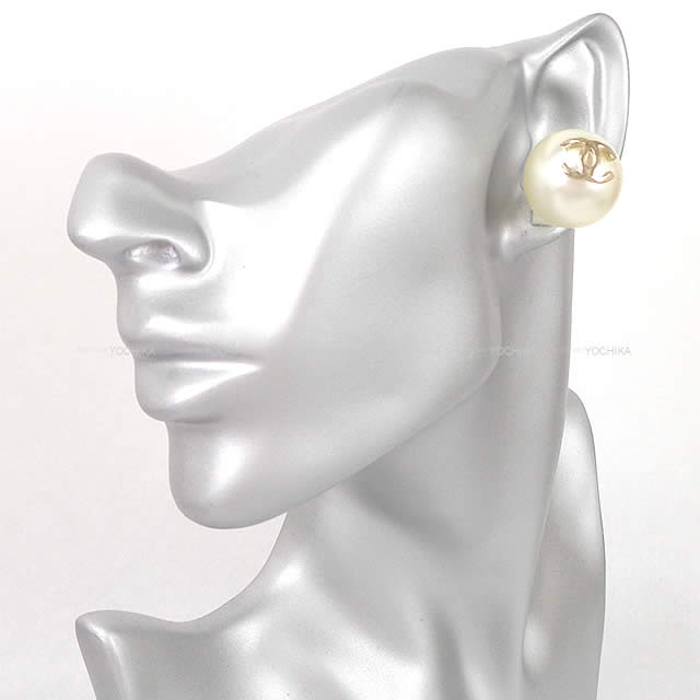 CHANEL pierced earring COCO Mark Big Pearl  Champagne Gold HW A85148[EXCELLENT][Authentic]