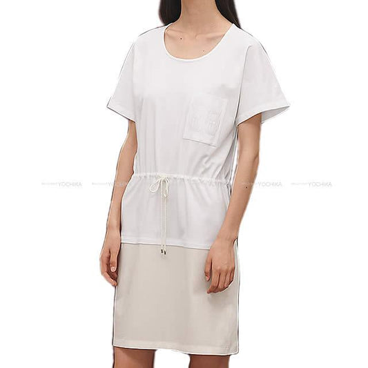 2019SS HERMES One‐piece dress Embroidered pocket  Blanc (White) Cotton100% 38 H920519D09038[EXCELLENT][Authentic]