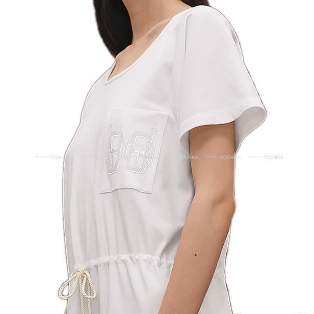 2019SS HERMES One‐piece dress Embroidered pocket  Blanc (White) Cotton100% 38 H920519D09038[EXCELLENT][Authentic]