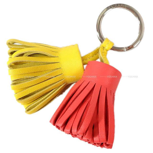 HERMES key ring Carmen Unodos Jaune de Naples/Bougainvillier Agneau Milo Silver HW[EXCELLENT][Authentic]