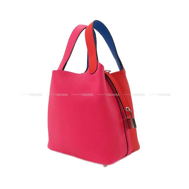 HERMES Handbag Picotin Lock 18 PM Casaque2 Rouge de Coeur/Rose Extreme/Bleu Zanzibar Taurillon Clemence Silver HW Stamp U[EXCELLENT][Authentic]