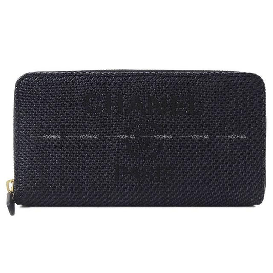 CHANEL long wallet Deauville Round long wallet Navy/Noir (Black) Nylon Canvas/Calf Gold HW A81977[EXCELLENT][Authentic]