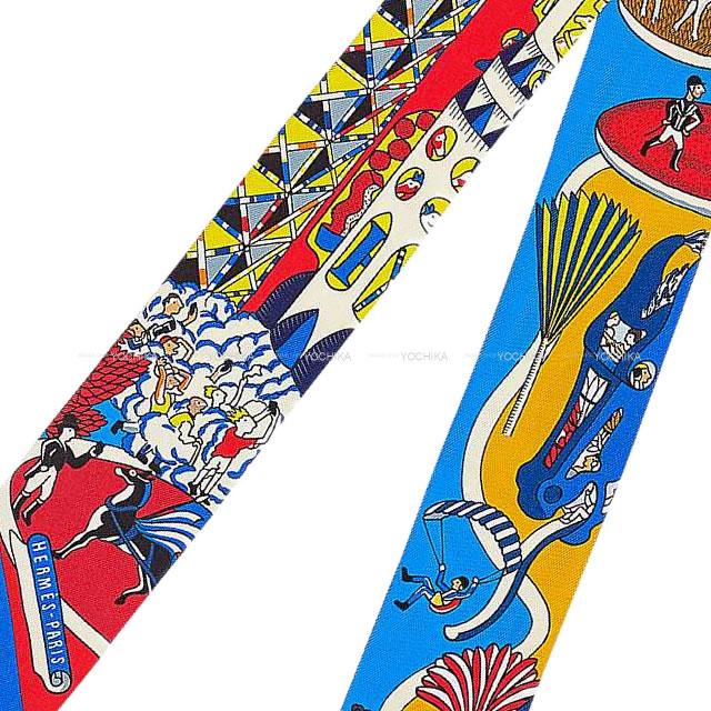 2020AW HERMES scarf Twilly Exposition Universelle Rouge/Blue Electric/Gold Silk100%[EXCELLENT][Authentic]