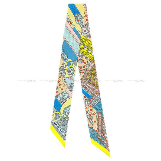 2021 SS HERMES scarf Twilly Selle de Dignitaire Jaune/Blue/Rose Silk100%[EXCELLENT][Authentic]