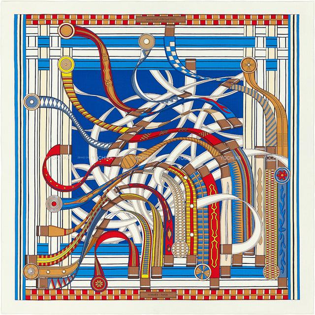 2021AW HERMES scarf Carre 140 Voltes et Pirouettes Blanc/Blue/Rouge Cashmere70% / Silk30%[EXCELLENT][Authentic]