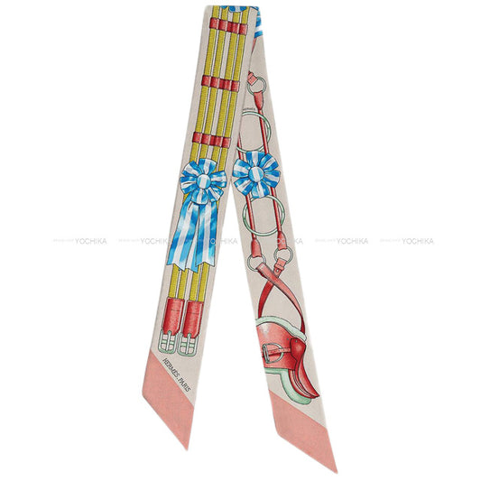 2021AW HERMES scarf Twilly Jumping Beige rose/vieux rose/Blue Silk100%[EXCELLENT][Authentic]