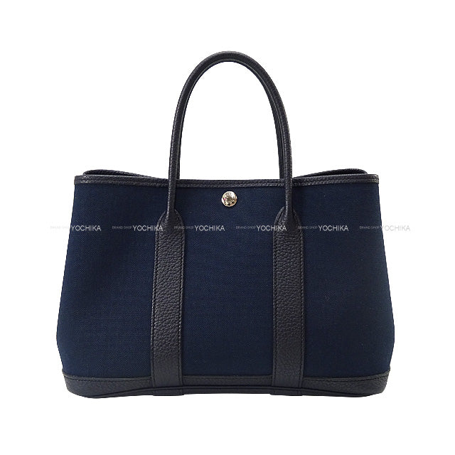 HERMES tote bag Garden Party 30 TPM Blue Marine/Noir (Black) Toile Militaire/Vache Country Silver HW Stamp B[BRAND NEW][Authentic]