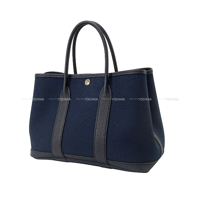 HERMES tote bag Garden Party 30 TPM Blue Marine/Noir (Black) Toile Militaire/Vache Country Silver HW Stamp B[BRAND NEW][Authentic]