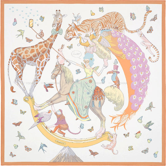 2022SS HERMES scarf Carre 90 Hermes Story Blanc (White)/Beige/Multicolor Silk100%[EXCELLENT][Authentic]