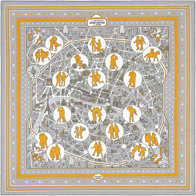 2022SS HERMES scarf Carre 55 Bandana Les Amoureux de Paris Gris/White/Caramel Silk100%[BRAND NEW][Authentic]