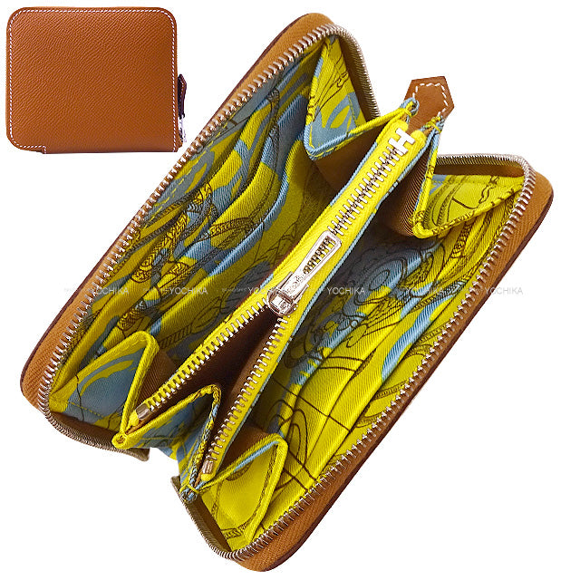 HERMES Bi-fold wallet Azap Silk in Compact Cliquetis Tattoo Gold/Jaune Citron/Celeste Veau Epsom/Veau Barenia/Silk100% Silver HW Stamp U[BRAND NEW][Authentic]