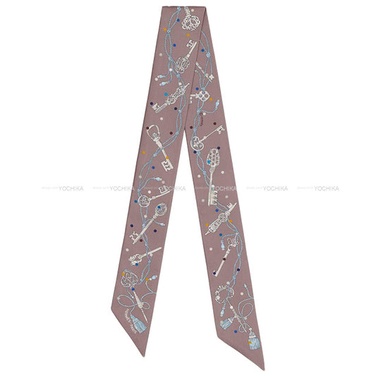 HERMES scarf Twilly Les Cles a Pois Marron glacier/Gris Silk100%[EXCELLENT][Authentic]