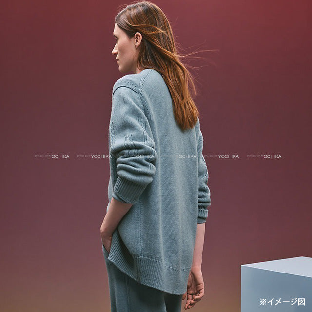 2022 AW HERMES Cardigan Long sleeve Knit #36 Bleu Lichen Cashmere100% Silver HW[BRAND NEW][Authentic]