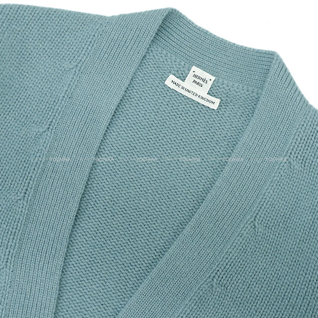 2022 AW HERMES Cardigan Long sleeve Knit #36 Bleu Lichen Cashmere100% Silver HW[BRAND NEW][Authentic]