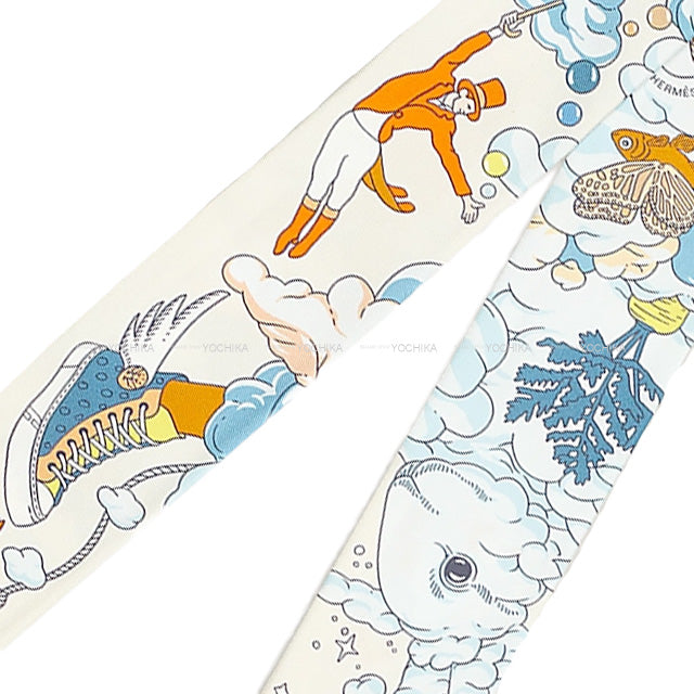 2022 AW HERMES scarf Twilly Sur Mon Nuage Cream/Bleu Ciel/Orange Silk100%[BRAND NEW][Authentic]