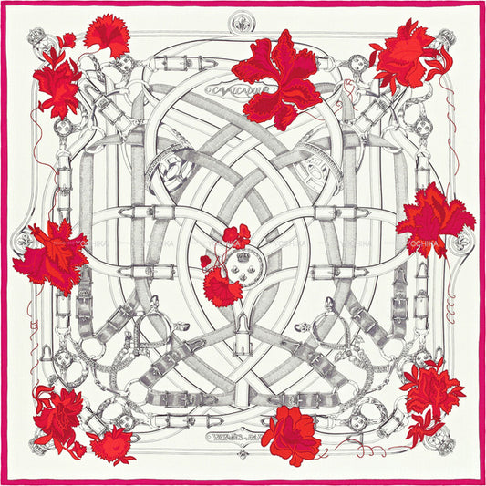 HERMES scarf Carre 140 Cavalcadour Fleuri White/Rouge/Fuchsia Cashmere70% / Silk30%[EXCELLENT][Authentic]