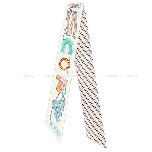 HERMES scarf Twilly Pointille embroidery Chevaloscope White/Rose/Vert Silk100%[BRAND NEW][Authentic]