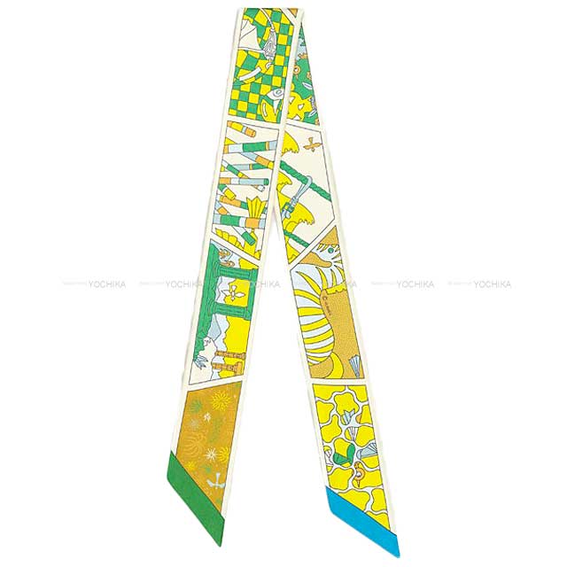 2023SS HERMES scarf Twilly HERMES Factory Suite Vert/Jaune Vif/Cream Silk100%[BRAND NEW][Authentic]