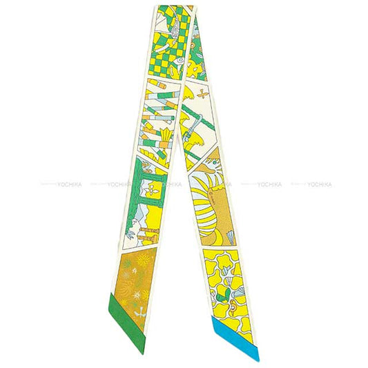 2023SS HERMES scarf Twilly HERMES Factory Suite Vert/Jaune Vif/Cream Silk100%[BRAND NEW][Authentic]