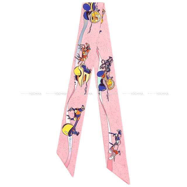 HERMES scarf Twilly Space Derby Rose/Blue/Jaune Silk100%[BRAND NEW][Authentic]