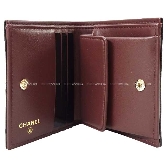 CHANEL Bi-fold wallet Matelasse Cocomark Compact with Coin Case Noir (Black)/Bordeaux Graind Calf(Caviarskin) Champagne Gold HW AP3178[BRAND NEW][Authentic]