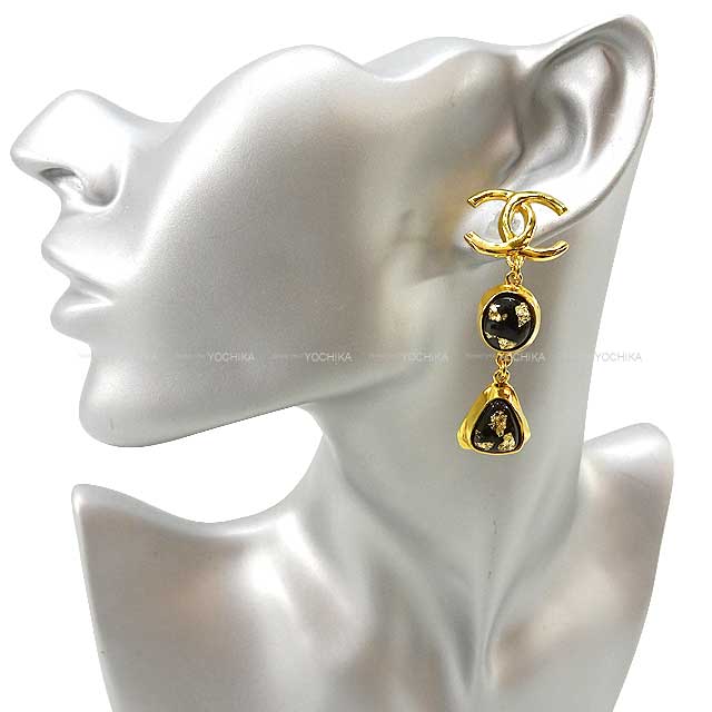 2023 New Cruise CHANEL pierced earring Coco Mark Hanging Resin & Metal Stone Gold/Noir (Black) Gold HW L23C[BRAND NEW][Authentic]