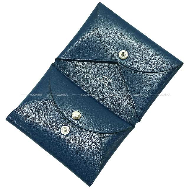 HERMES card holder Calvi Duo Deep Blue Chevre Chamkila Silver HW Stamp U[BRAND NEW][Authentic]