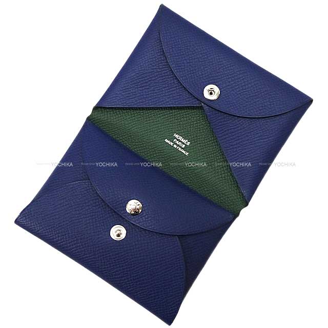 HERMES card holder Calvi Duo Verso Bleu Saphir/Vert Anglais Veau Epsom Silver HW Stamp U[BRAND NEW][Authentic]