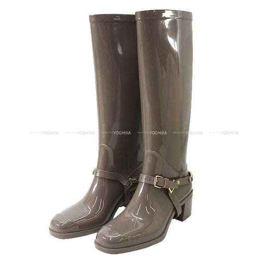 JIMMY CHOO boots With Belts Long Rain Boots #39 Gray Beige Rubber Champagne Gold HW[EXCELLENT][Authentic]