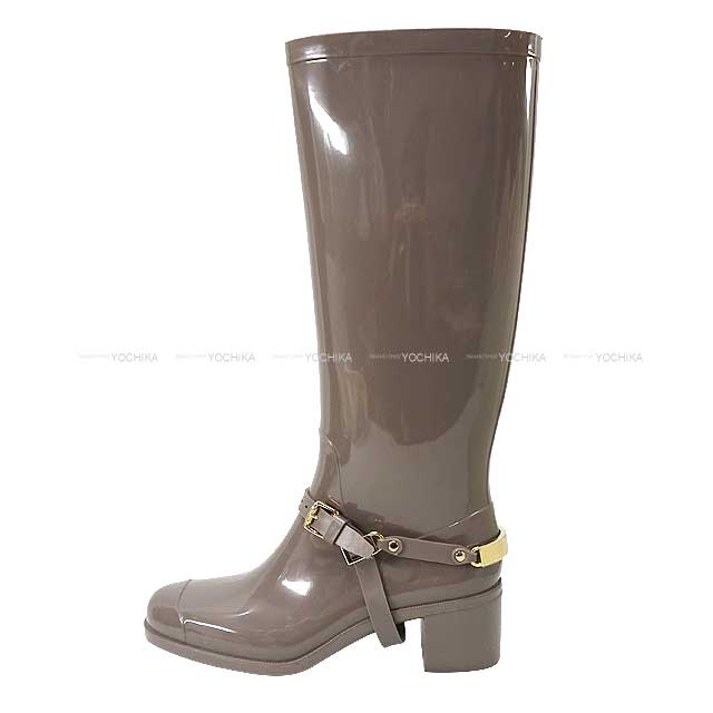 JIMMY CHOO boots With Belts Long Rain Boots #39 Gray Beige Rubber Champagne Gold HW[EXCELLENT][Authentic]