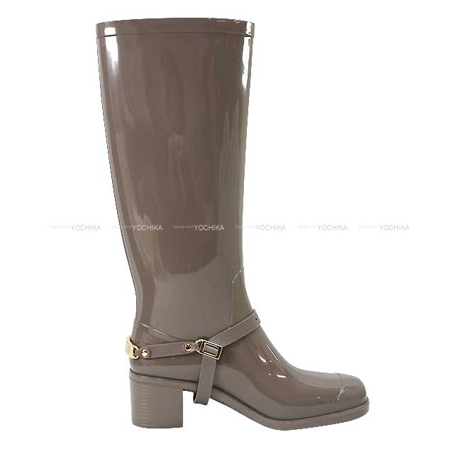 JIMMY CHOO boots With Belts Long Rain Boots #39 Gray Beige Rubber Champagne Gold HW[EXCELLENT][Authentic]