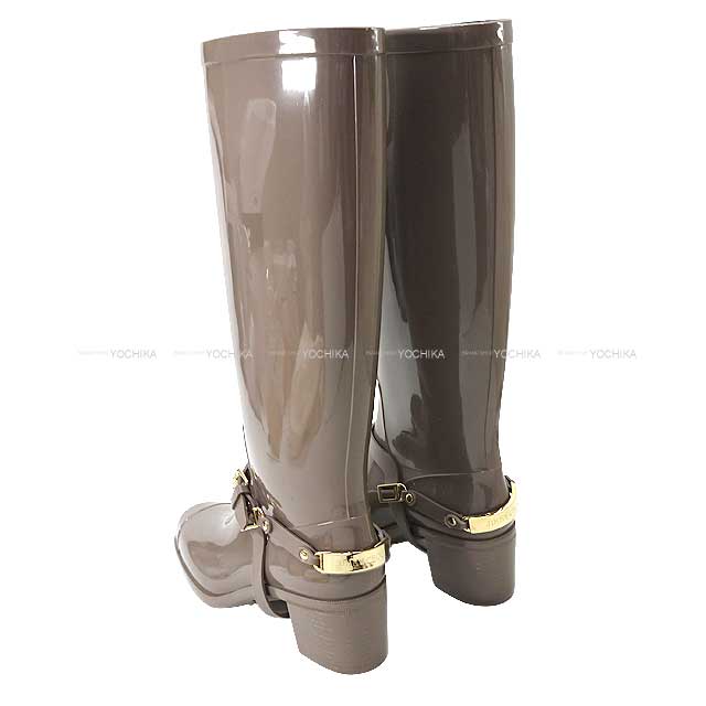 JIMMY CHOO boots With Belts Long Rain Boots #39 Gray Beige Rubber Champagne Gold HW[EXCELLENT][Authentic]