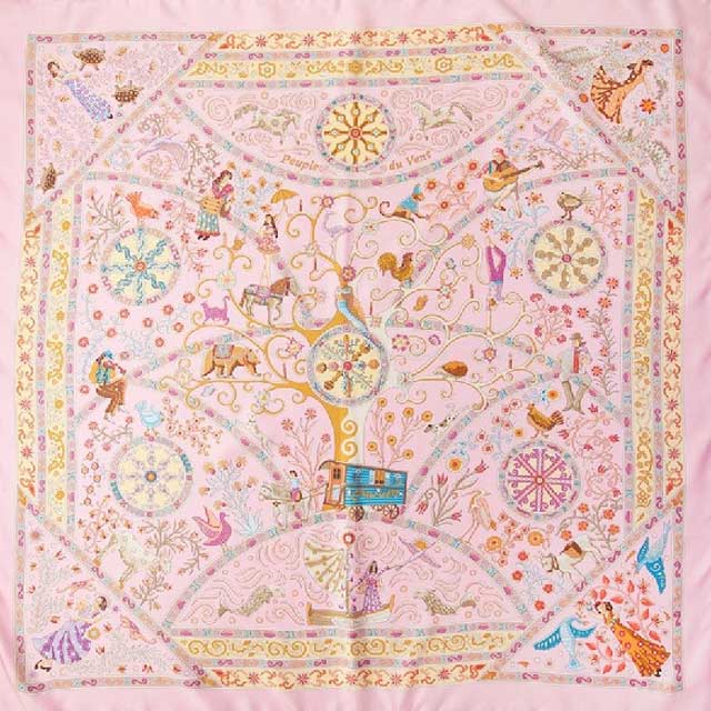 HERMES scarf Carre 90 Peuple du Vent Rose/Turquoise/Violine Silk100%[EXCELLENT][Authentic]