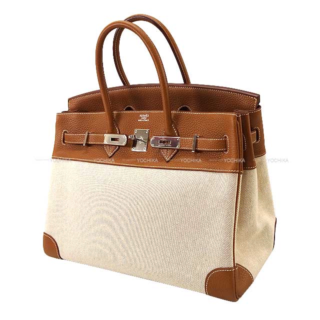 HERMES Handbag Birkin35 Gold(37)/Ecru Taurillon Clemence/Toile H Silver HW Stamp □M[EXCELLENT][Authentic]