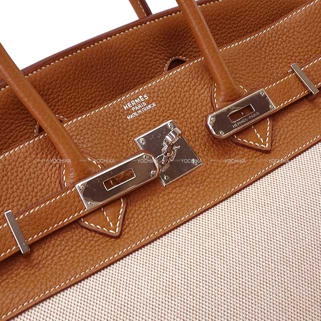 HERMES Handbag Birkin35 Gold(37)/Ecru Taurillon Clemence/Toile H Silver HW Stamp □M[EXCELLENT][Authentic]