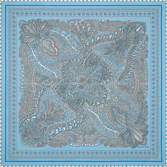 HERMES scarf Carre 55 Le Jardin de la Maharani Bandana Dot Embroidered Bleu Jean/Blanc (White)/Noir (Black) Silk100%[BRAND NEW][Authentic]