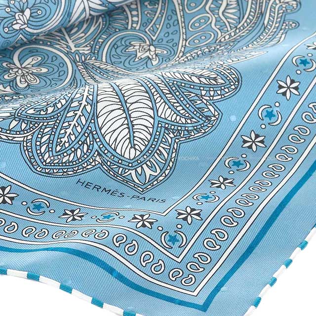 HERMES scarf Carre 55 Le Jardin de la Maharani Bandana Dot Embroidered Bleu Jean/Blanc (White)/Noir (Black) Silk100%[BRAND NEW][Authentic]