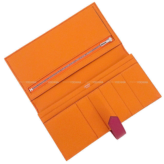 HERMES long wallet Bearn Soufflet Verso Rubis/Orange Veau Epsom Silver HW Stamp B[BRAND NEW][Authentic]