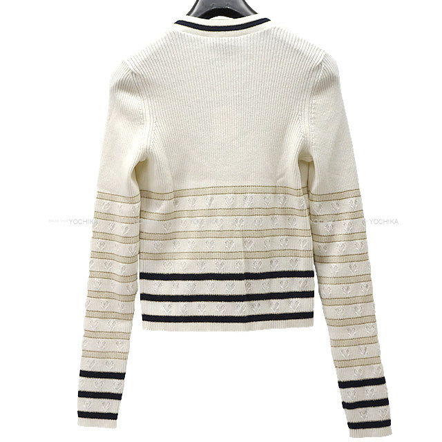 CHANEL Cardigan Heart Pattern Striped long-Sleeved with Coco Buttons #36 Ivory/Black Cashmere P73506[EXCELLENT][Authentic]