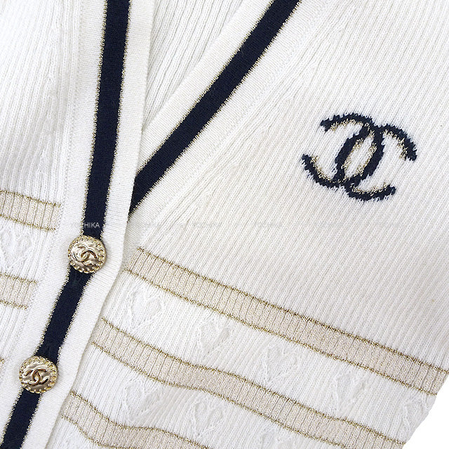 CHANEL Cardigan Heart Pattern Striped long-Sleeved with Coco Buttons #36 Ivory/Black Cashmere P73506[EXCELLENT][Authentic]