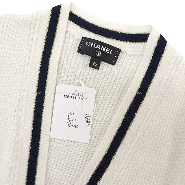 CHANEL Cardigan Heart Pattern Striped long-Sleeved with Coco Buttons #36 Ivory/Black Cashmere P73506[EXCELLENT][Authentic]