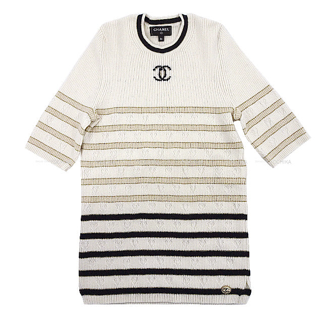 CHANEL Knit Heart Pattern Striped Short-Sleeved with Coco Buttons #36 Ivory/Black Cashmere P73505[BRAND NEW][Authentic]