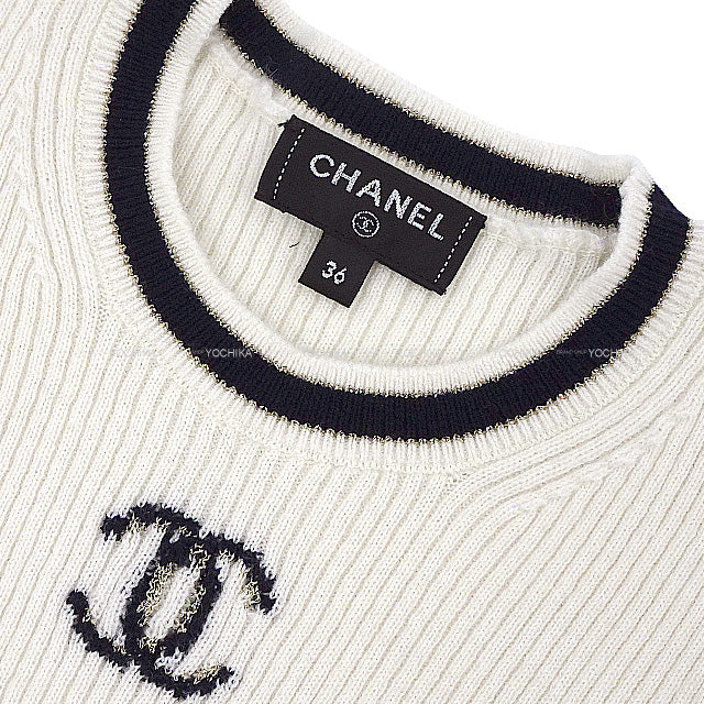 CHANEL Knit Heart Pattern Striped Short-Sleeved with Coco Buttons #36 Ivory/Black Cashmere P73505[BRAND NEW][Authentic]