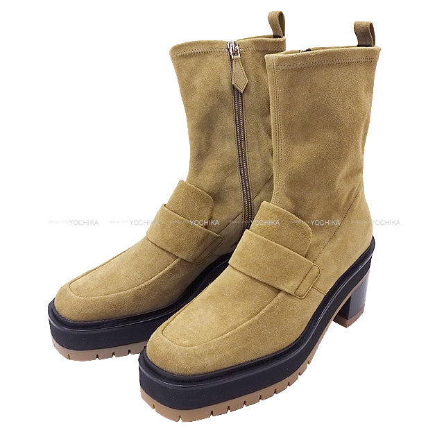 HERMES boots Florence 55 Chunky Beige Suede #37 Silver HW[EXCELLENT][Authentic]