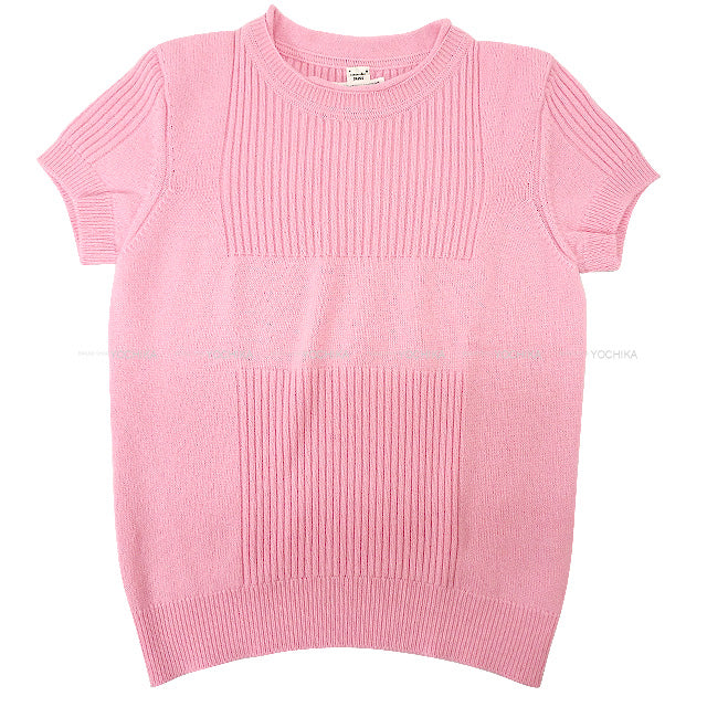 HERMES Knit Short Sleeve Rib #38 Pink Cashmere100% 38[EXCELLENT][Authentic]