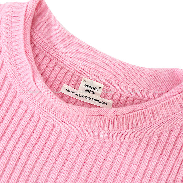 HERMES Knit Short Sleeve Rib #38 Pink Cashmere100% 38[EXCELLENT][Authentic]