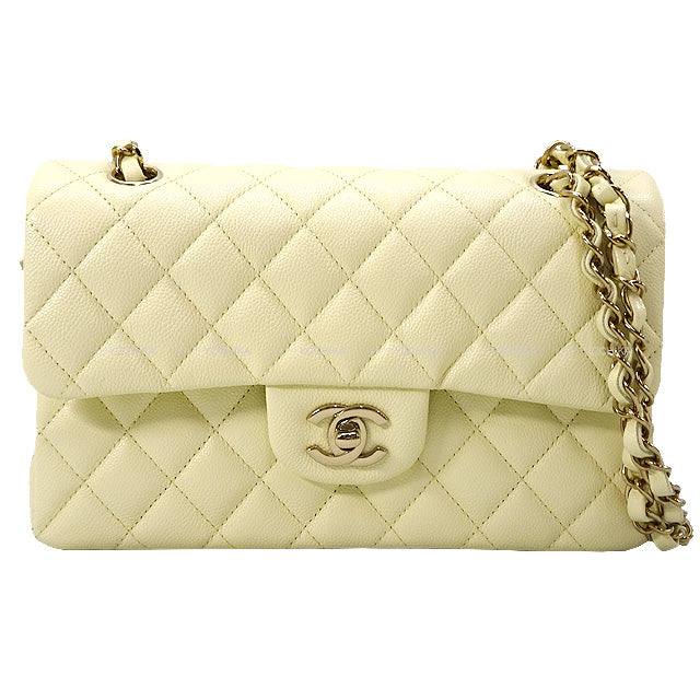 CHANEL Shoulder bag Matelasse W Flap Chain Light yellow Graind Calf(Caviarskin) Champagne Gold HW A01112[BRAND NEW][Authentic]