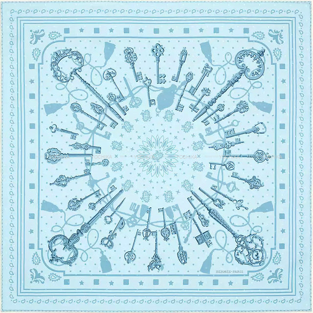 2022 SS HERMES scarf Carre 55 Les Cles Plumetis Bleu Ciel/Bleu Jean Silk100%[BRAND NEW][Authentic]