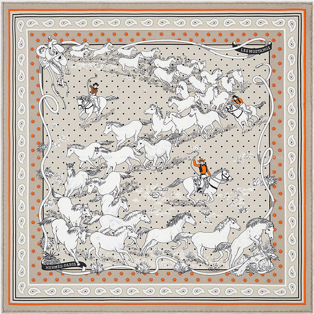 HERMES scarf Carre 55 Les Mustangs Bandana Gris Cendre/Orange/Blanc Silk100%[BRAND NEW][Authentic]